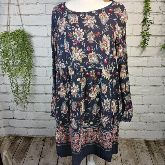 WOMENS CALIFORNIA MOONRISE TUNIC DRESS, NAVY WITH FLORAL DESIGN, SIZE MED, BOHO - Picture 1 of 6